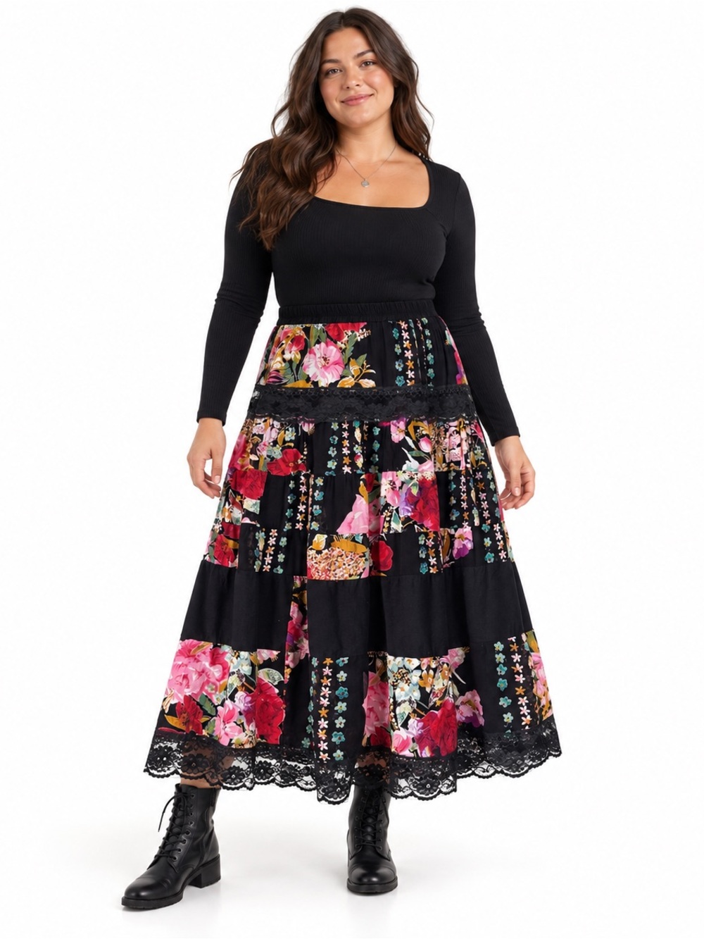 Paradise Vintage Black Floral Patchwork Lace Tiered Maxi Skirt XL 90s Y2K